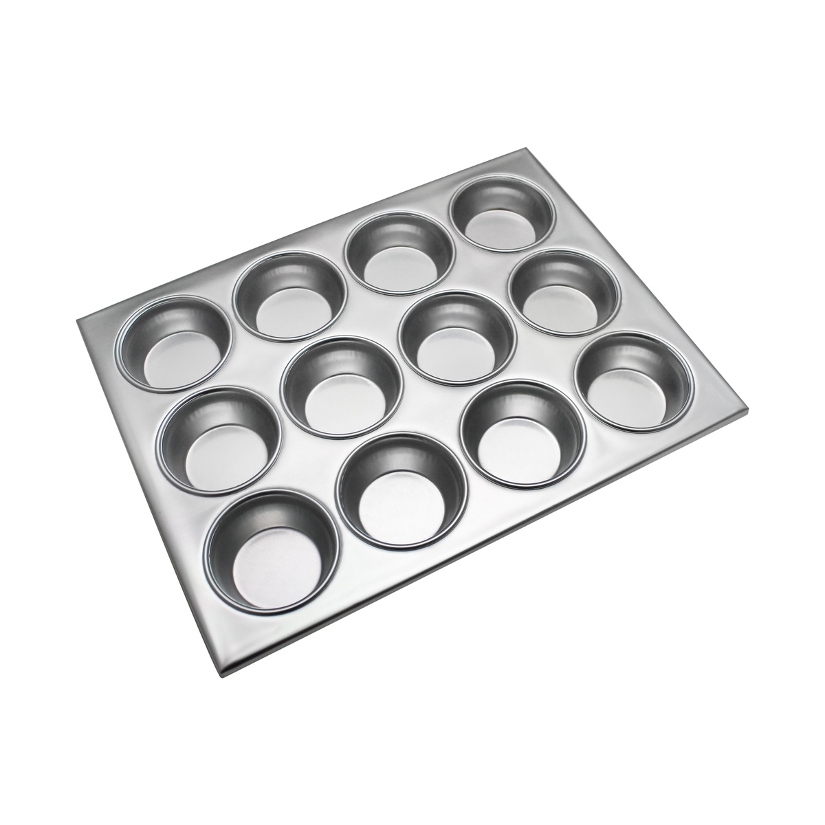Thunder Group ALKMP012 12-cup aluminum muffin pan, full angled overhead view showing all 12 round cups
