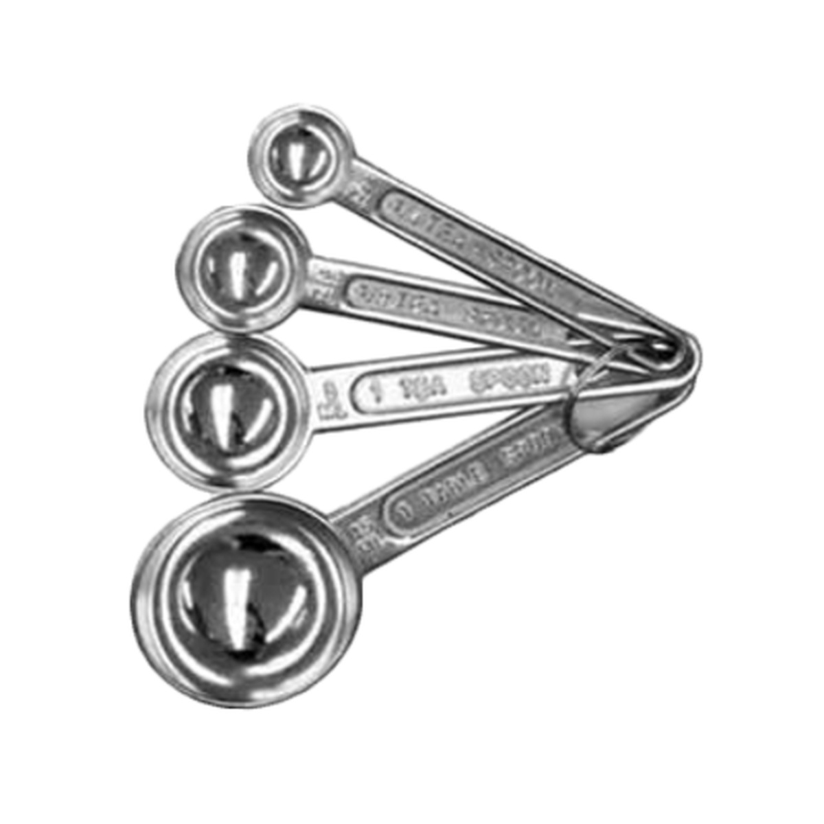 Thunder Group ALMC001 4-piece aluminum measuring spoon set fanned out and held together with a metal ring