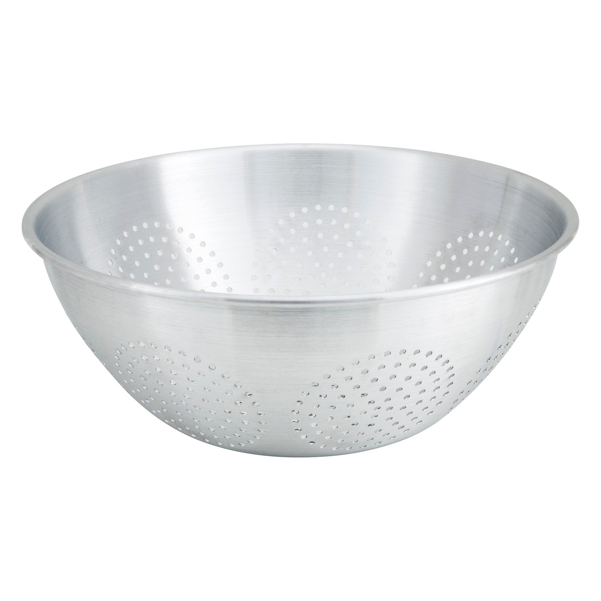 Winco ALO-12 12-quart round aluminum Chinese colander with perforated sides and tapered bowl on white background