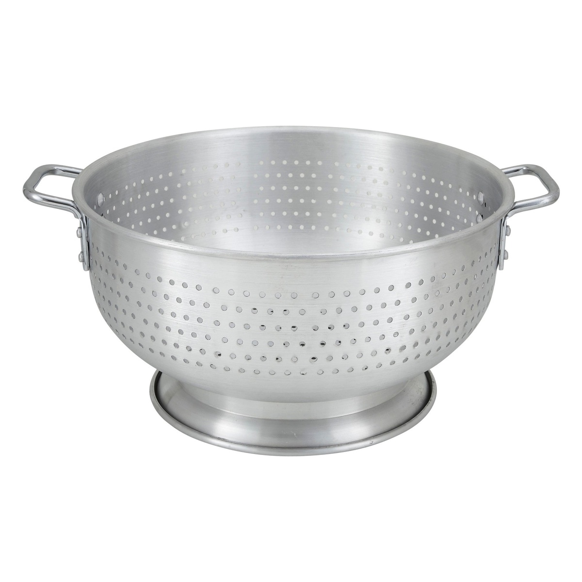 Winco ALO-16BH 16-quart round aluminum colander with riveted handles and footed base on white background