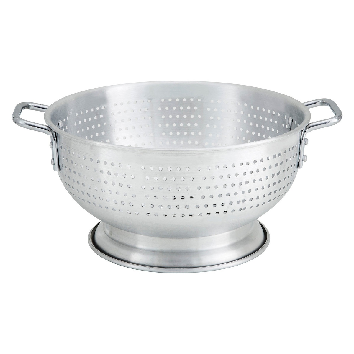 Winco ALO-8BH 8-quart aluminum colander with riveted side handles and footed base
