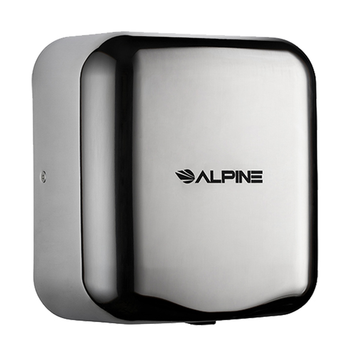 Alpine Industries Hemlock hand dryer in chrome stainless steel finish, angled view