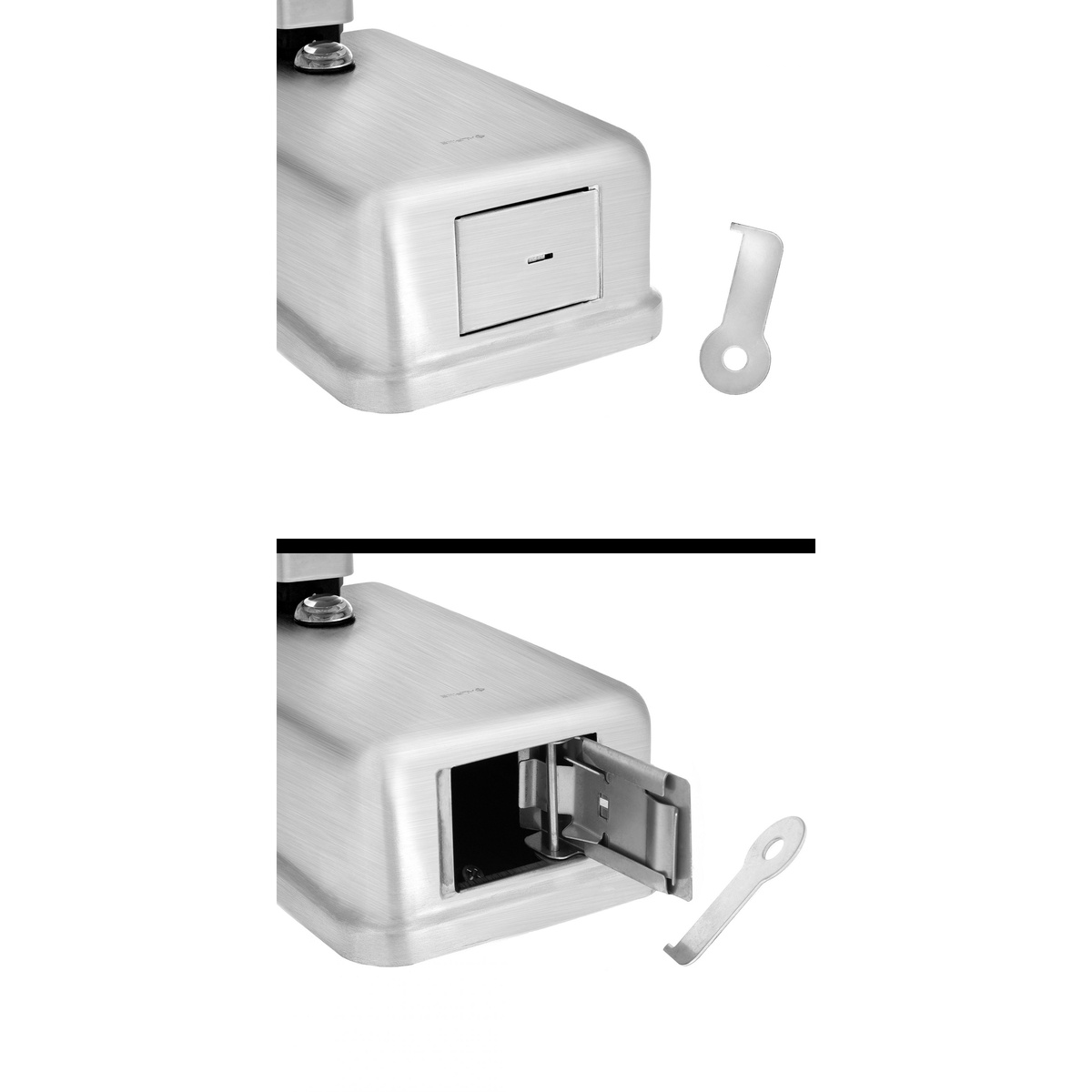 Close-up detail of Alpine soap dispenser lock mechanism and security key