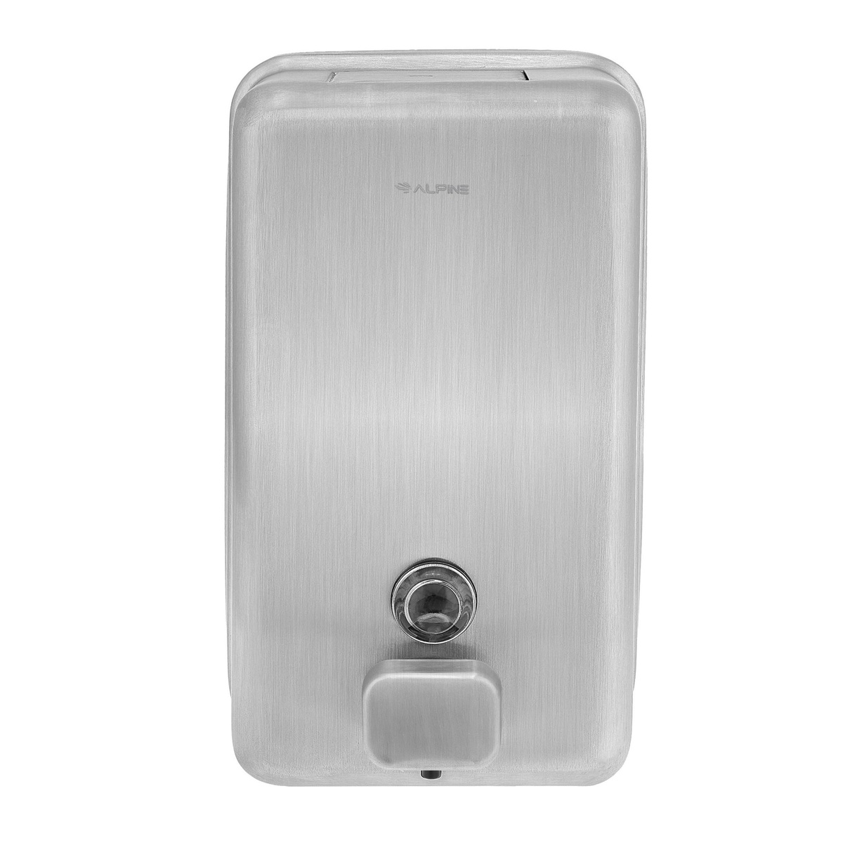 Alpine Industries stainless steel soap dispenser, front view with push button