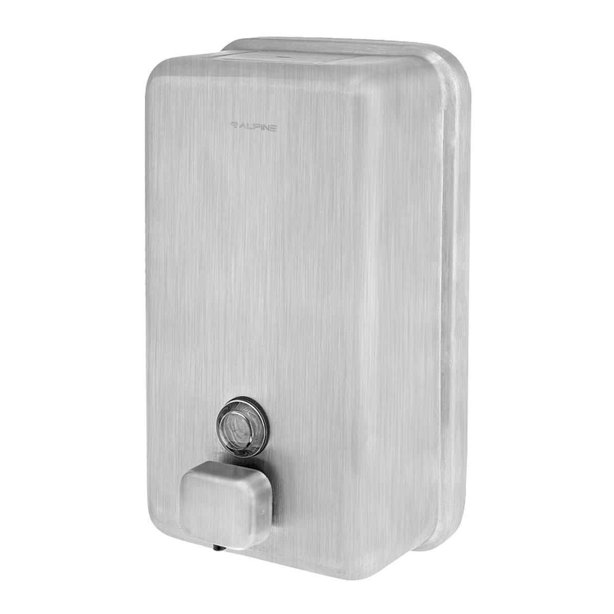Alpine Industries stainless steel soap dispenser, angled three-quarter view
