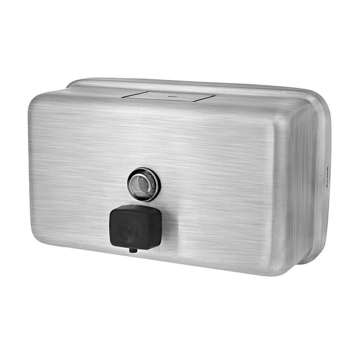 Alpine Industries ALP424-SSB horizontal wall-mount stainless steel liquid soap dispenser with black push button and clear soap level window