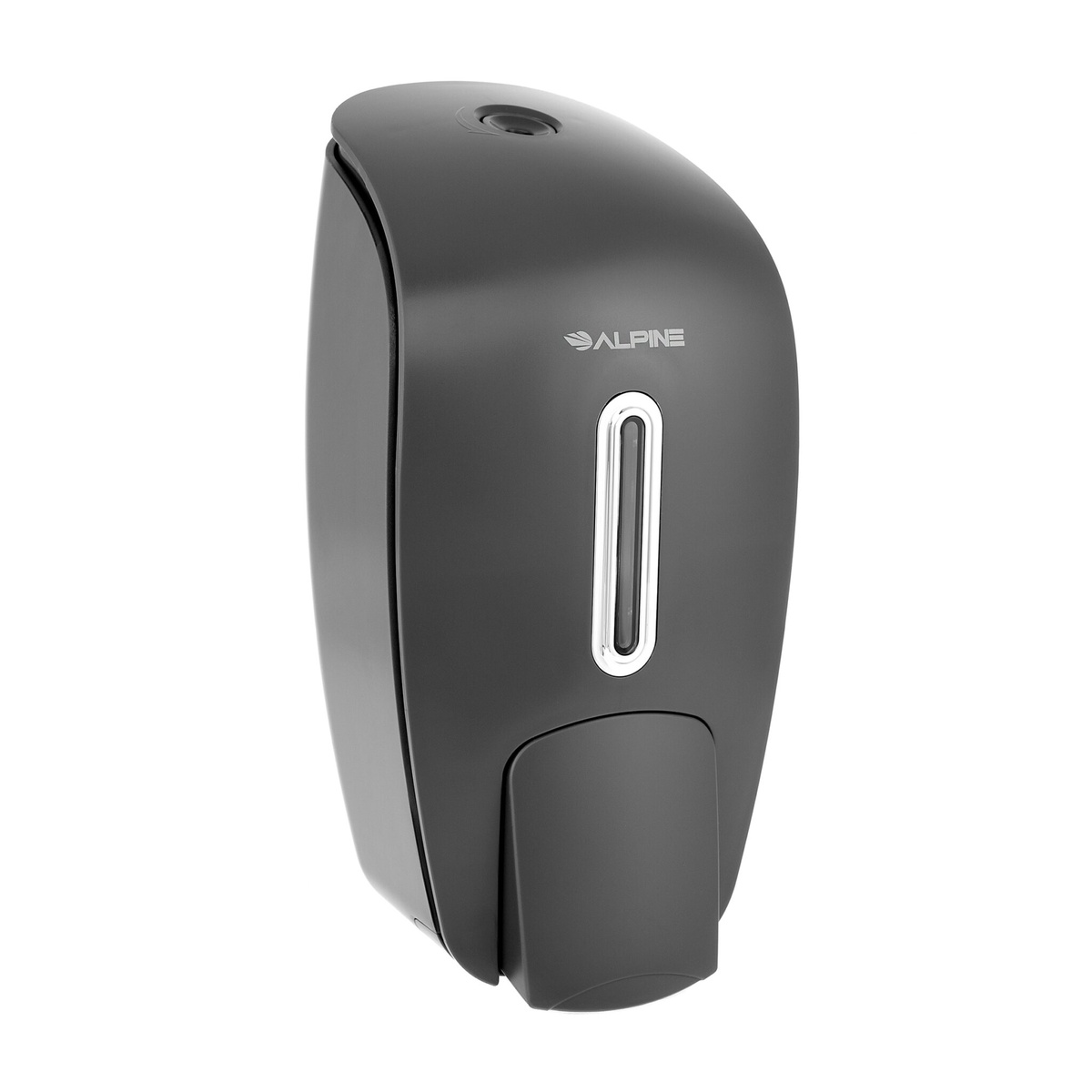 Alpine Industries ALP425-GRY gray manual soap and hand sanitizer dispenser, front angle view showing clear fill window and push lever