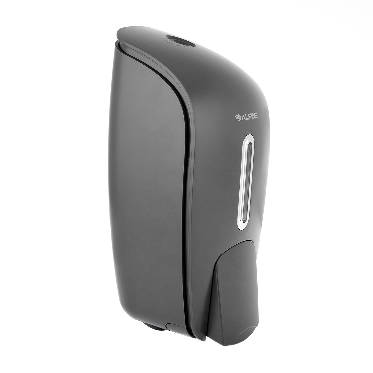 Alpine Industries ALP425-GRY gray soap dispenser side profile view showing slim wall-mount profile and push paddle