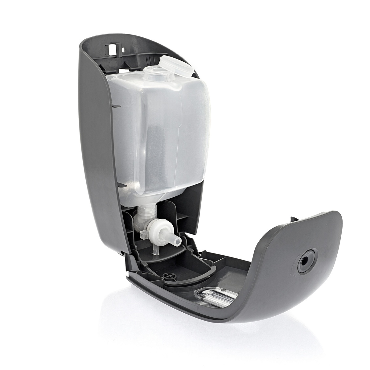 Alpine Industries ALP425-GRY dispenser opened showing internal 800ml reservoir, pump mechanism, and refill access