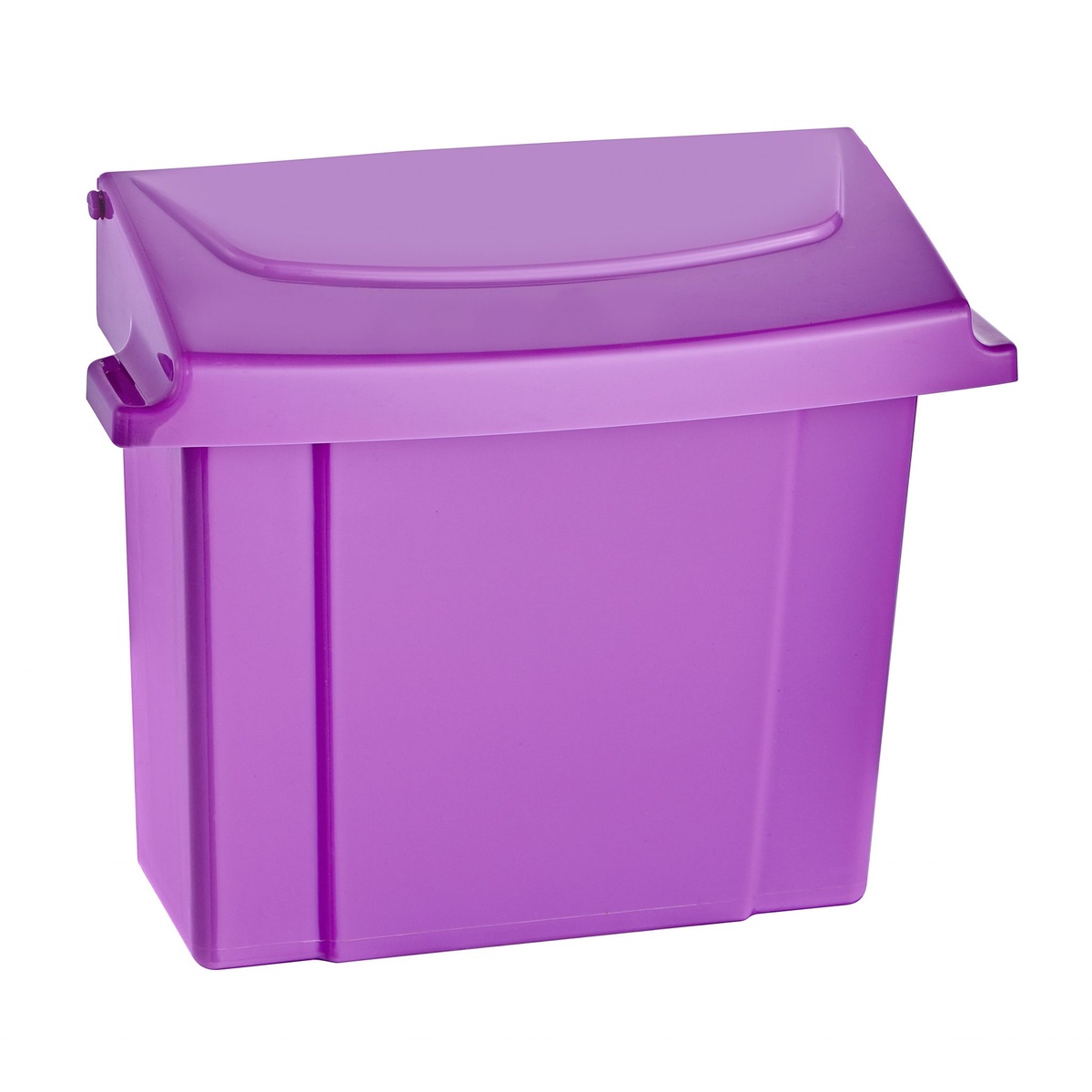 Alpine Industries purple plastic sanitary napkin receptacle with flip-top lid, three-quarter angle view