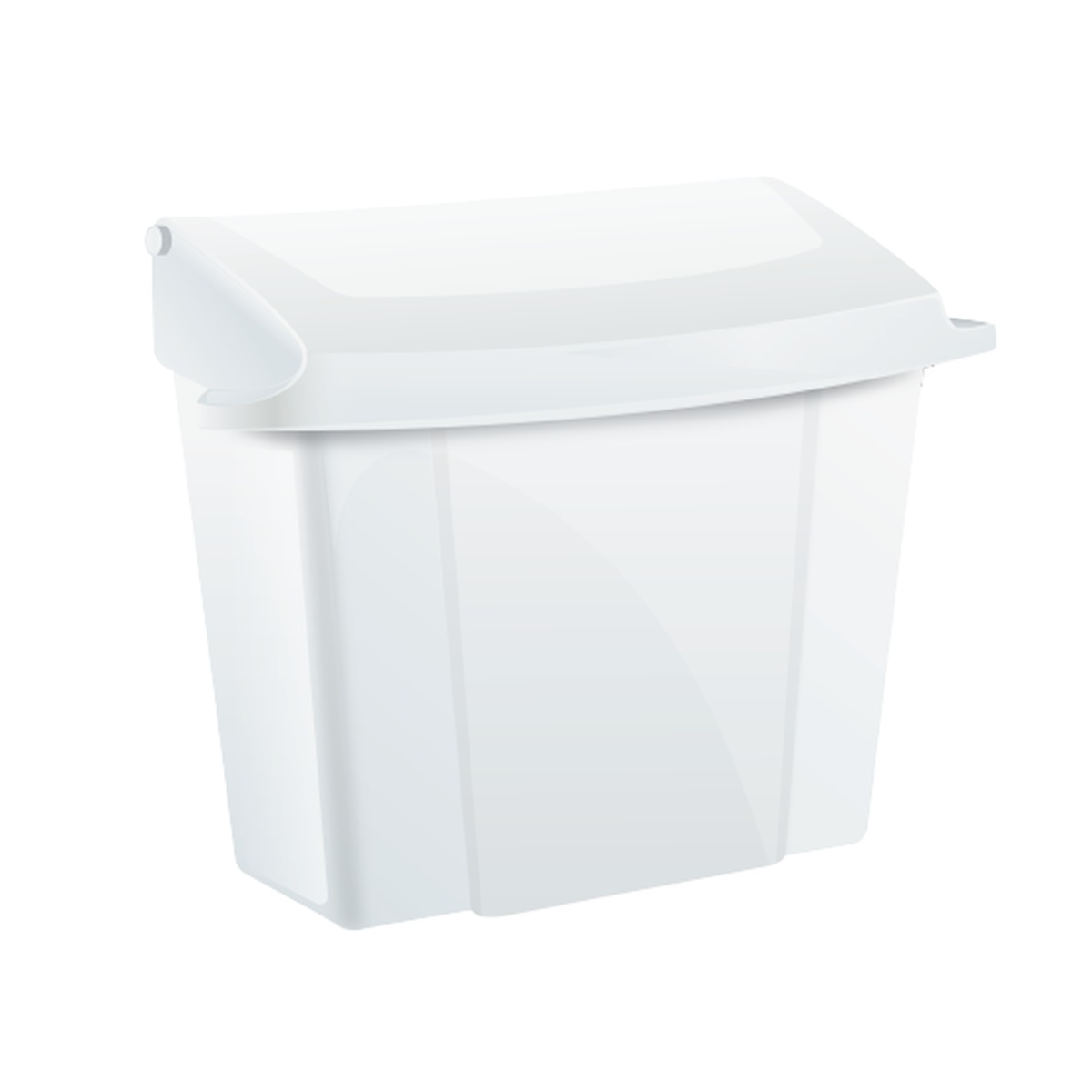Alpine Industries white plastic sanitary napkin receptacle with flip-top lid, front angle view