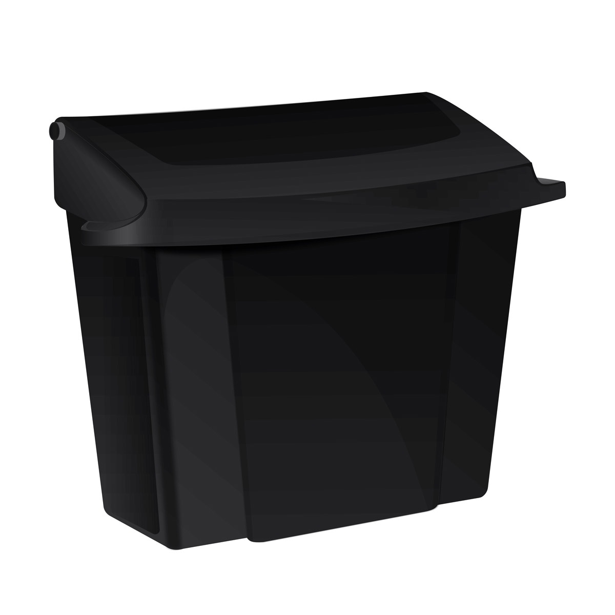 Alpine Industries black plastic sanitary napkin receptacle with flip-top lid, three-quarter angle view