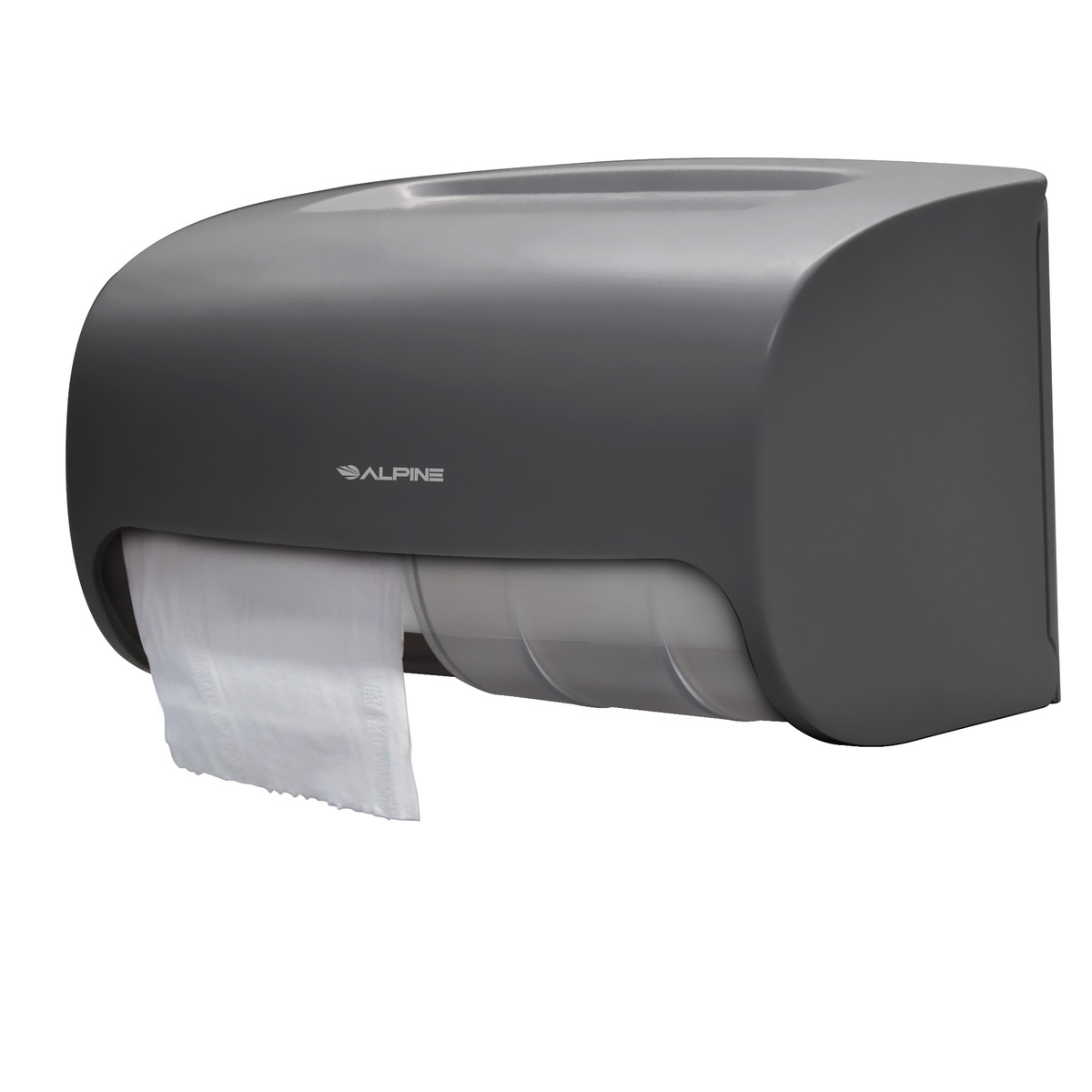 Alpine Industries ALP452-GRY gray double roll toilet tissue dispenser angled view with tissue dispensing