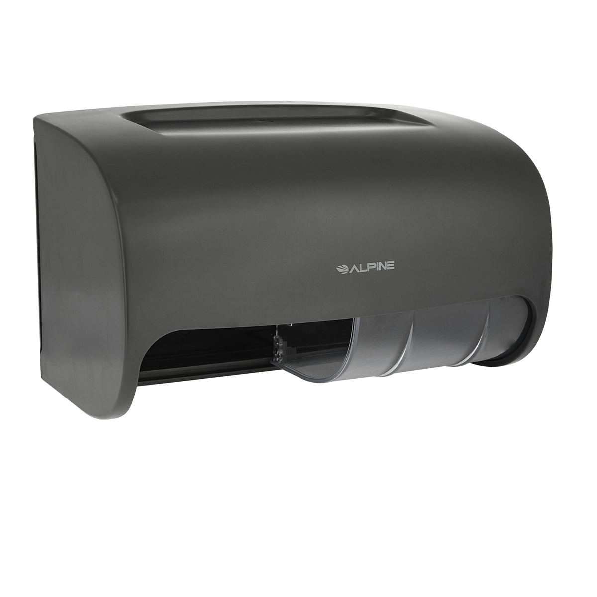Alpine Industries ALP452-GRY gray ABS plastic double roll toilet tissue dispenser side angle view showing transfer paddle