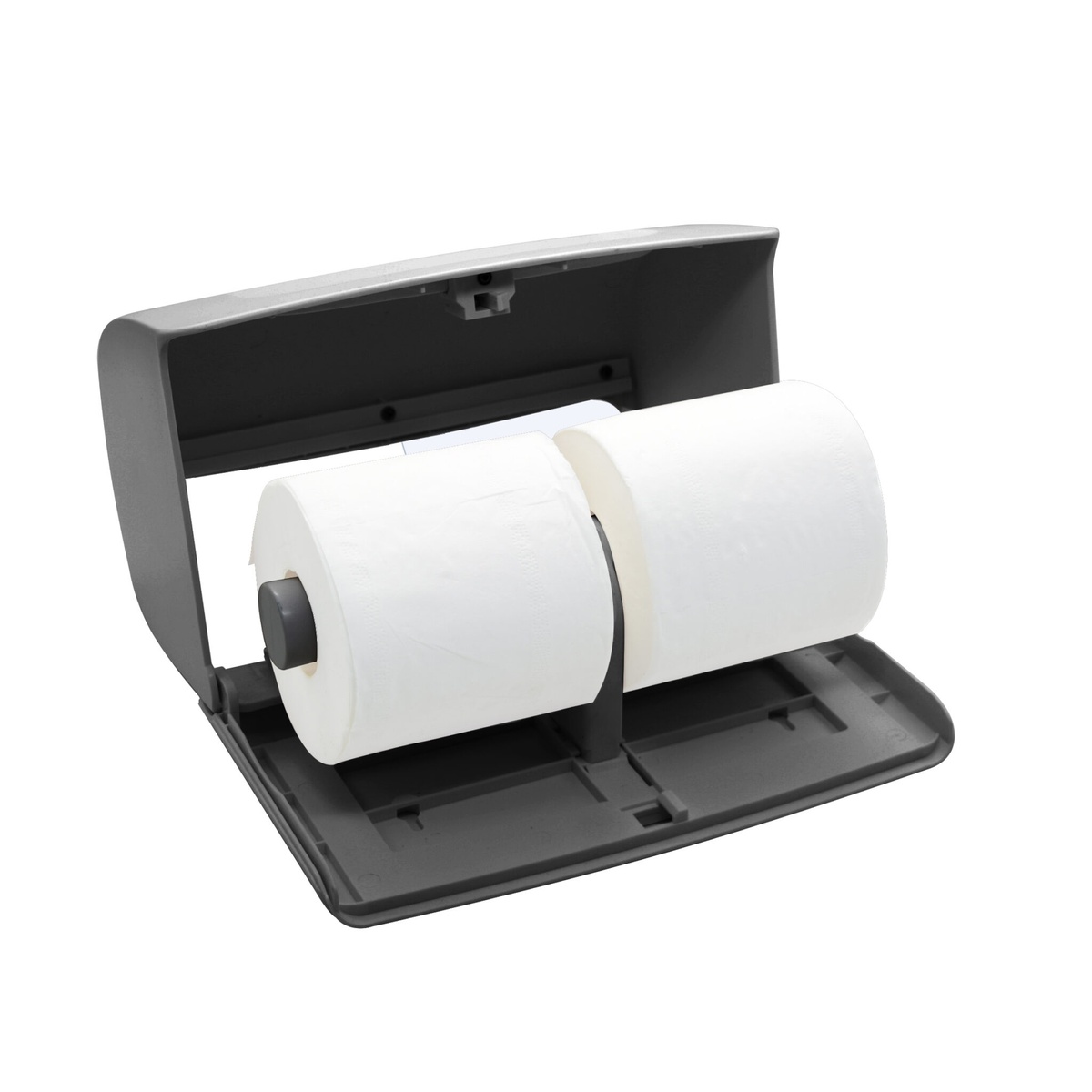 Open Alpine Industries ALP452-GRY dispenser showing two toilet tissue rolls loaded inside gray ABS plastic housing