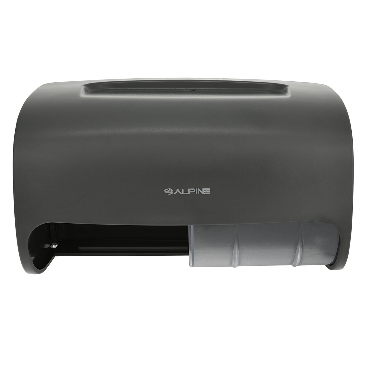 Front-facing view of Alpine Industries ALP452-GRY gray double roll toilet tissue dispenser showing transfer paddle detail