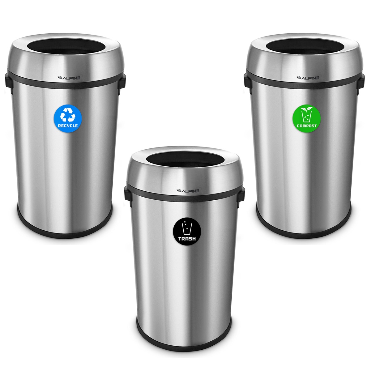 Three Alpine Industries 17-gallon stainless steel open top receptacles arranged in a triangular formation showing Recycle, Trash, and Compost labels