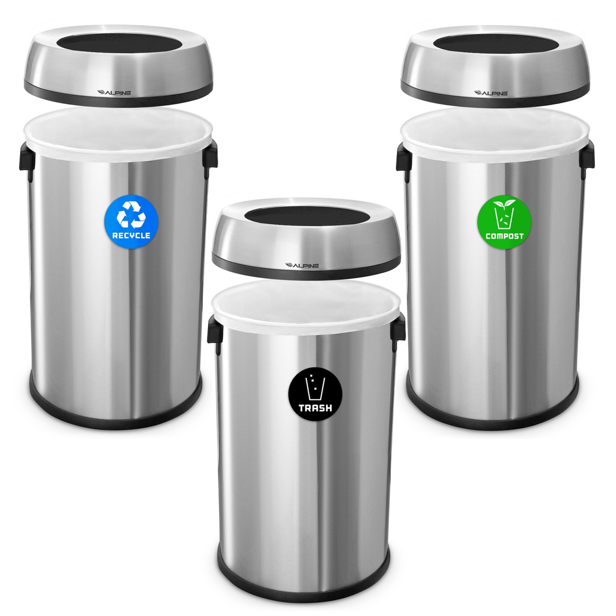 Alpine Industries stainless steel recycling bins with lift-off lids removed revealing inner white liners