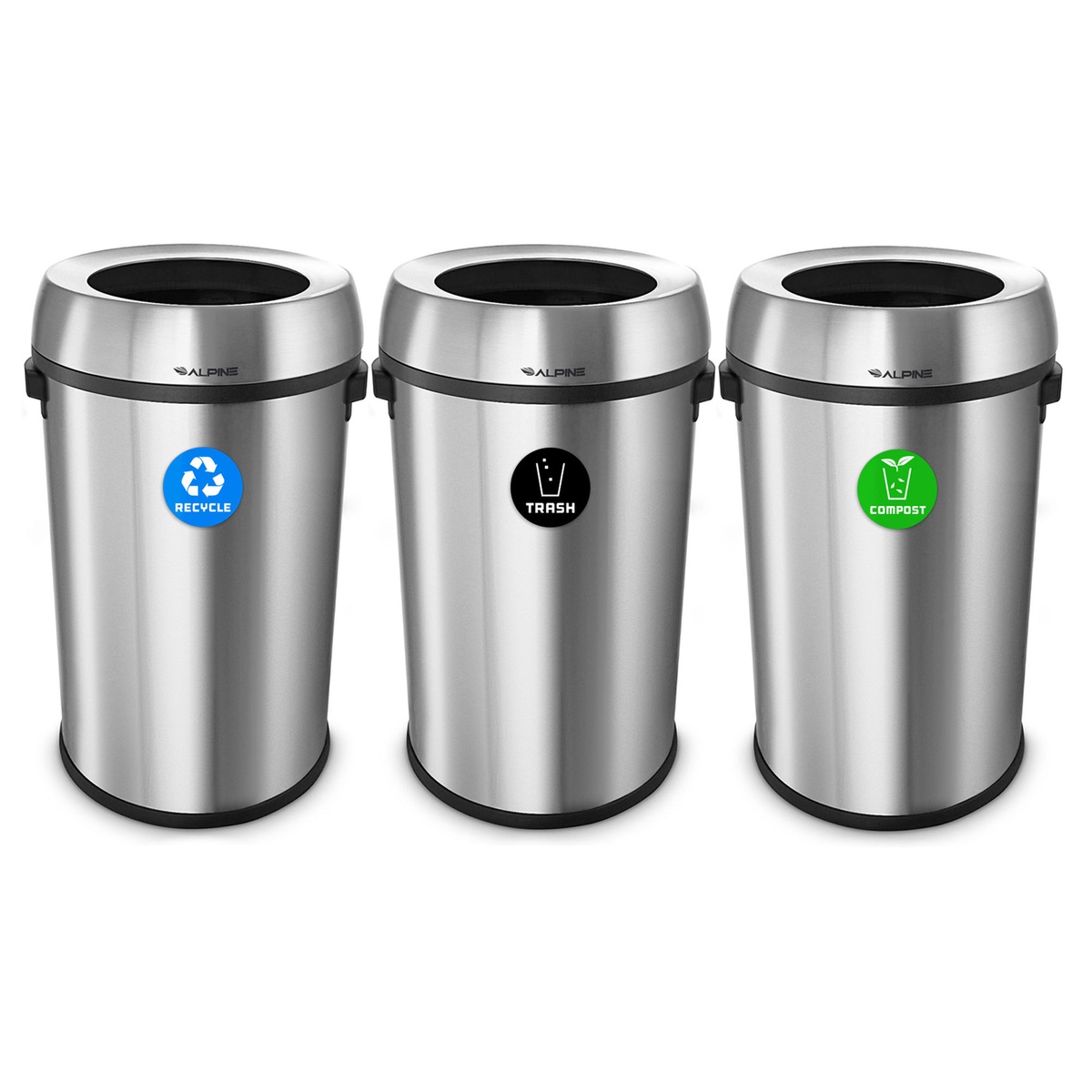 Three Alpine Industries 17-gallon stainless steel open top bins labeled Recycle, Trash, and Compost