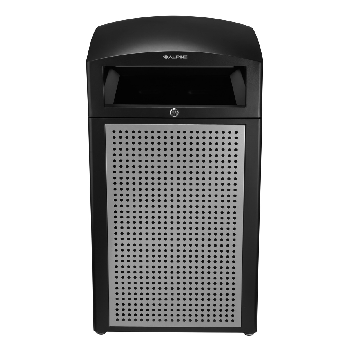 Front view of Alpine Industries outdoor trash container showing dome lid opening and lockable front panel