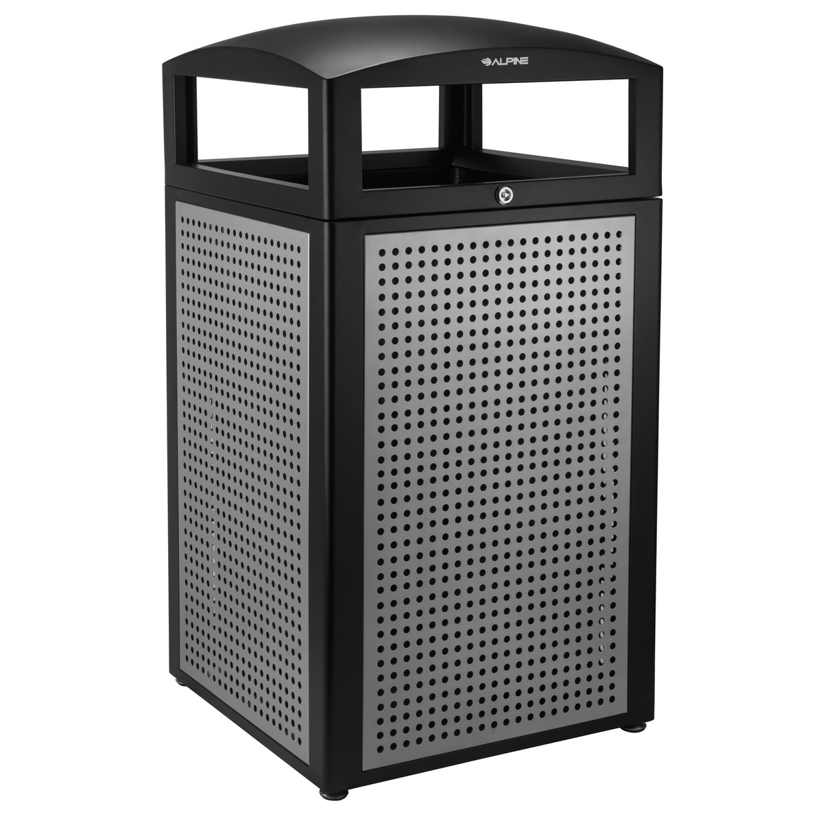 Alpine Industries 40-gallon rugged all-weather outdoor trash container with perforated silver steel panels and dome lid, angled view