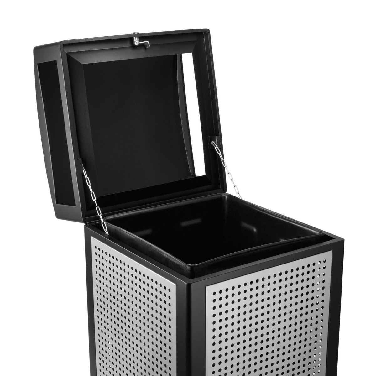 Open lid view of Alpine Industries trash container showing interior plastic insert bin and dual chain-link lid retainers