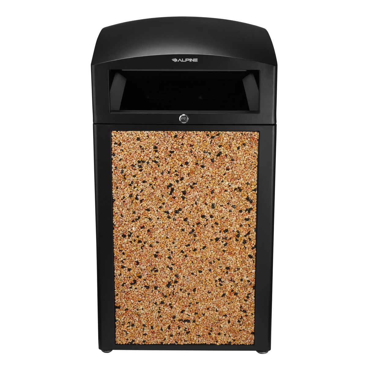 Alpine Industries 40-gallon all-weather trash container with stone panels, front view, closed dome lid