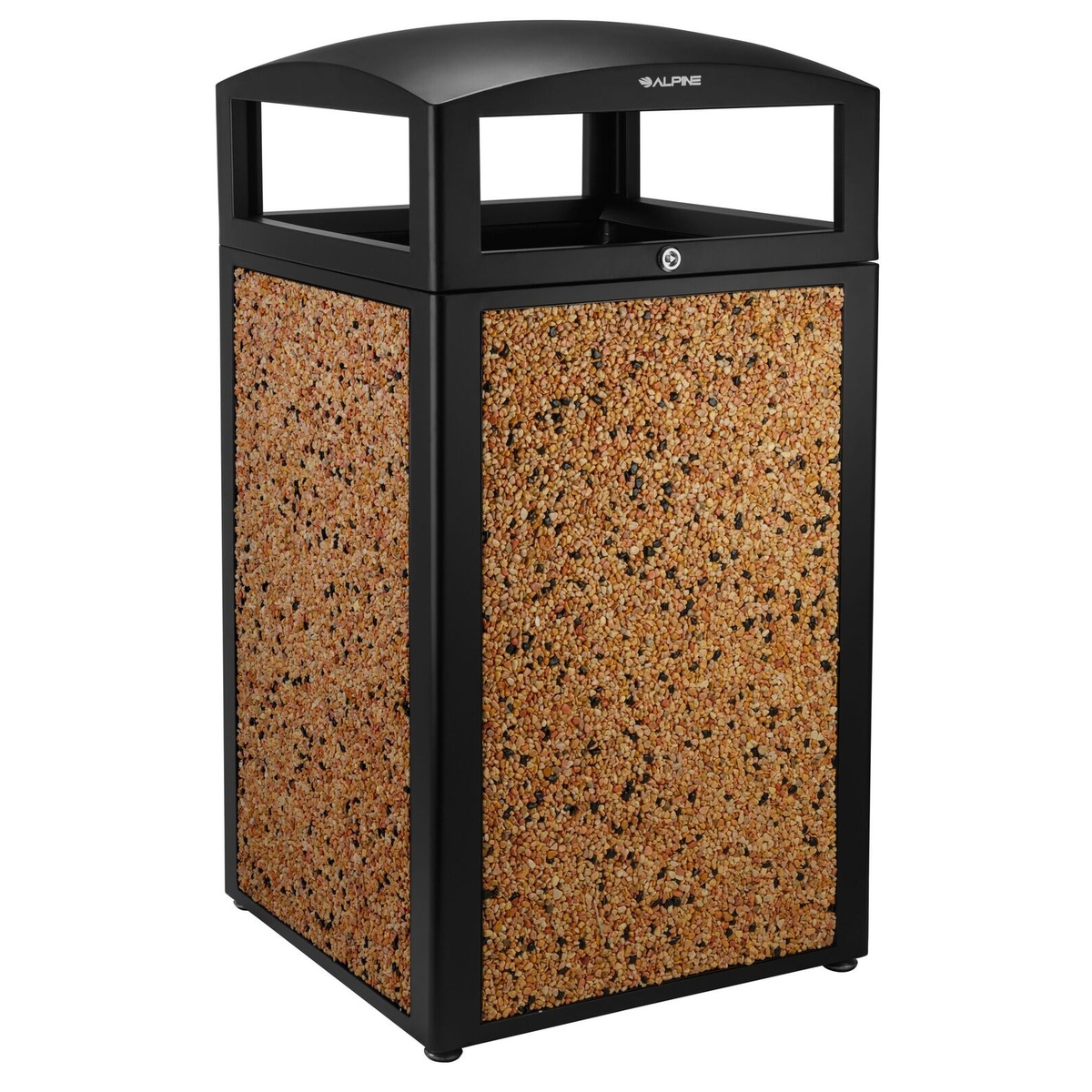 Alpine Industries stone panel trash container, three-quarter angle view showing all four sides with open-top lid frame