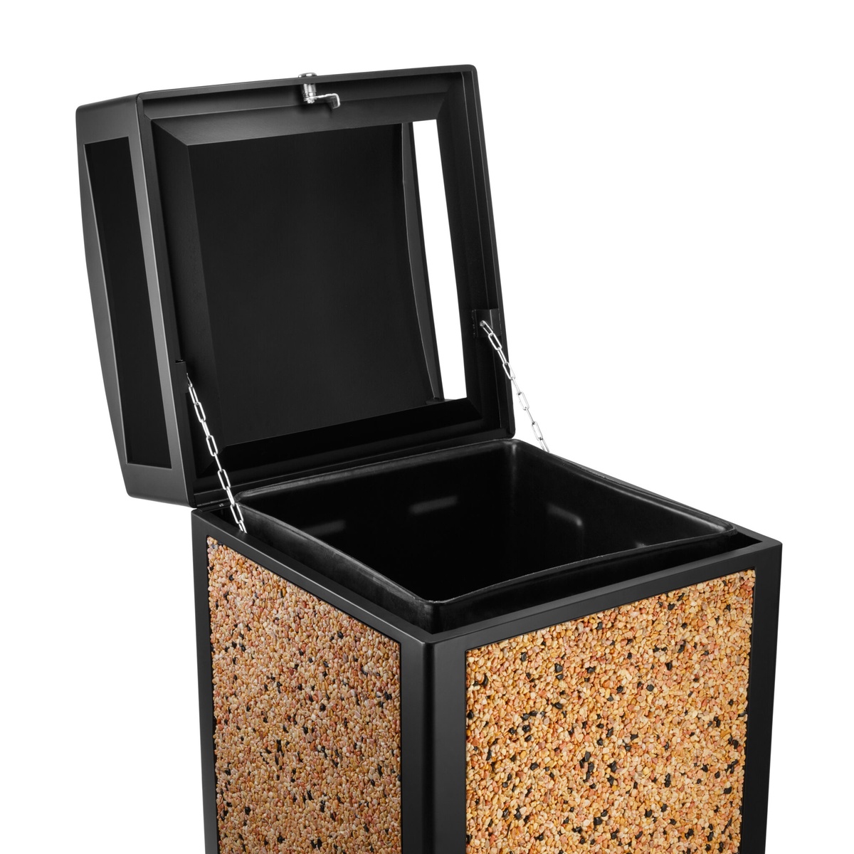 Alpine Industries trash container with lid open, showing chain-link lid retainers and heavy-duty leak-proof plastic interior bin