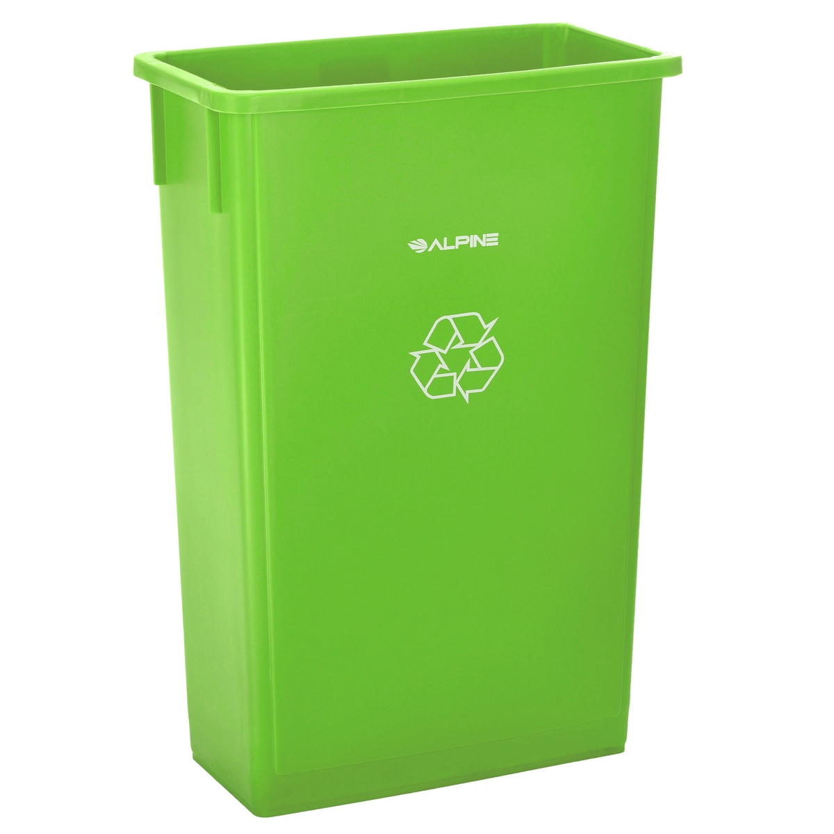 Alpine Industries ALP477-LGRN 23-gallon lime green slim recycling trash can with white imprinted recycling symbol