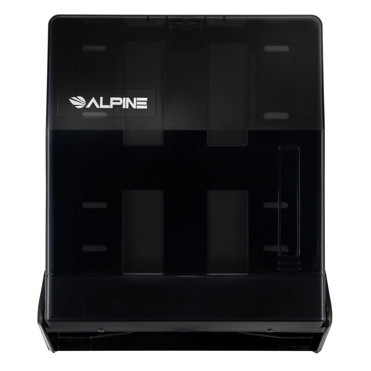 Alpine Industries transparent black paper towel dispenser, front view showing empty interior and locking latch