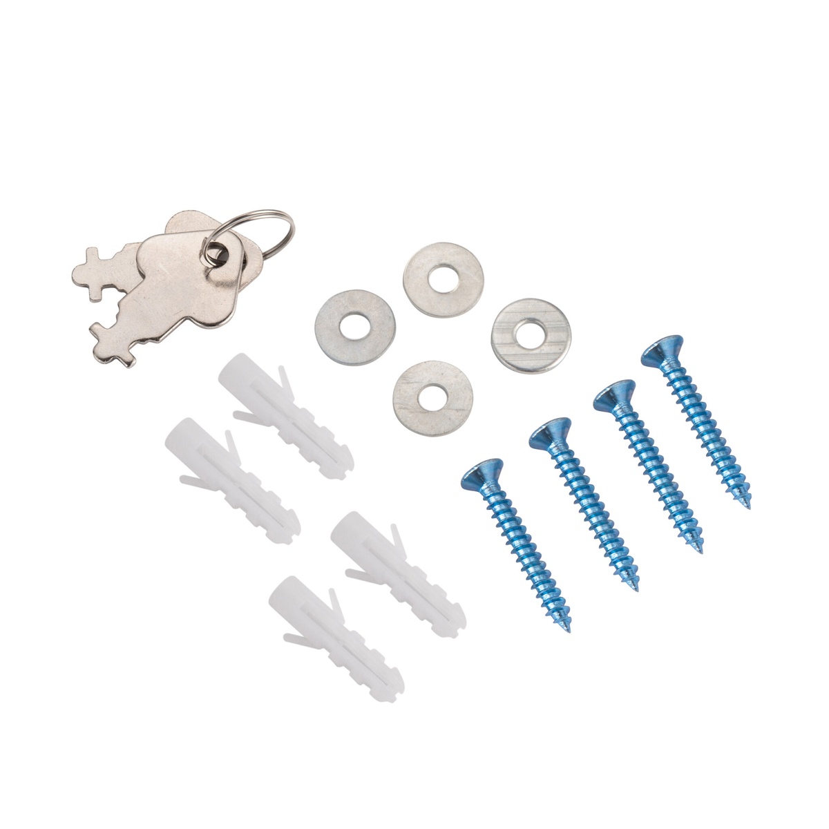 Included mounting hardware kit: two keys on a ring, screws, wall anchors, and washers for the Alpine paper towel dispenser