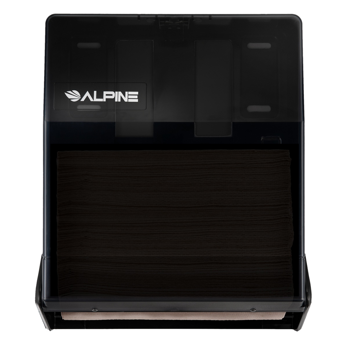 Alpine Industries transparent black trifold/c-fold paper towel dispenser loaded with paper towels, front view
