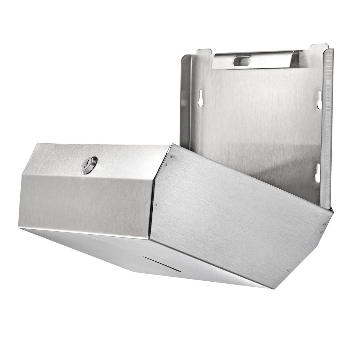 Alpine Industries ALP481S dispenser open showing key lock mechanism, open front door, and wall-mounting back plate with keyhole slots