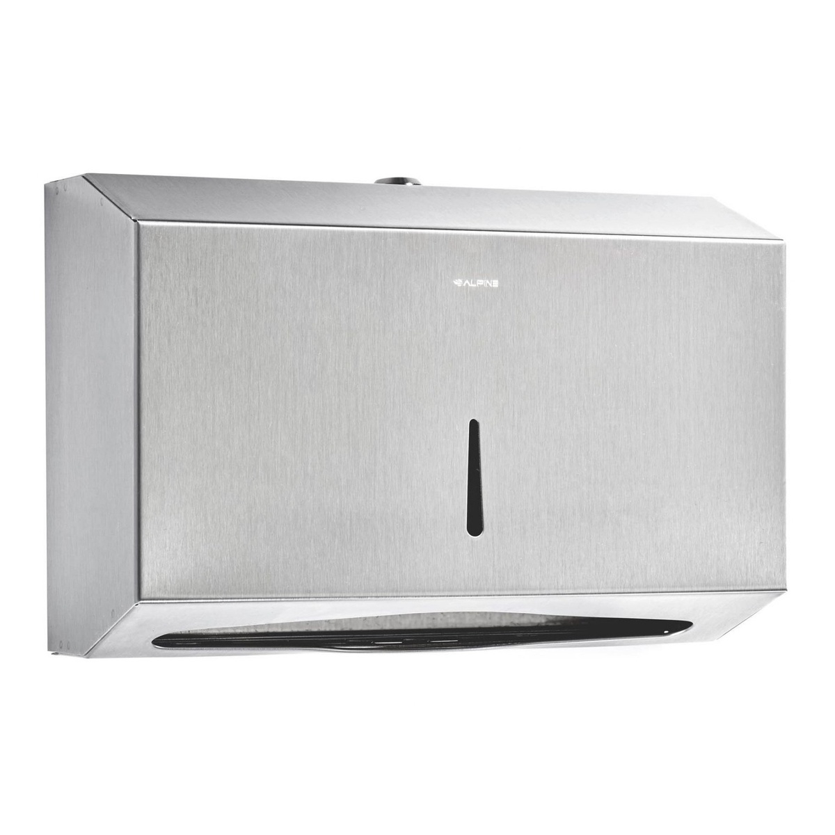 Alpine Industries ALP481S brushed stainless steel compact paper towel dispenser, front view with level-indicating window slot
