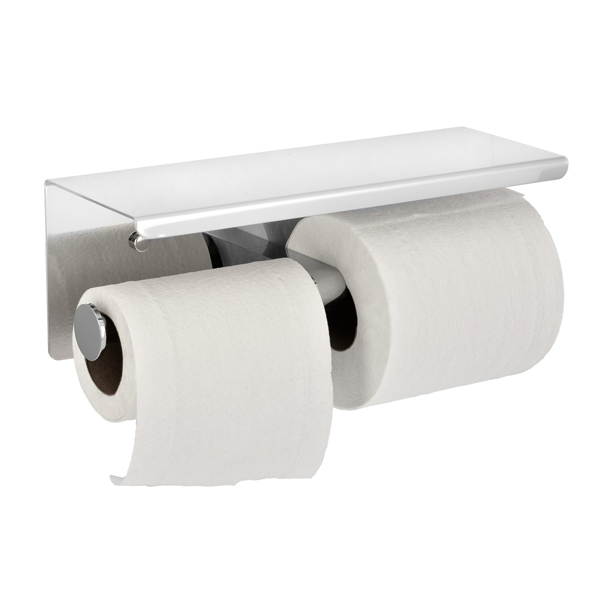 Alpine Industries double toilet paper holder loaded with two standard rolls, angled side view