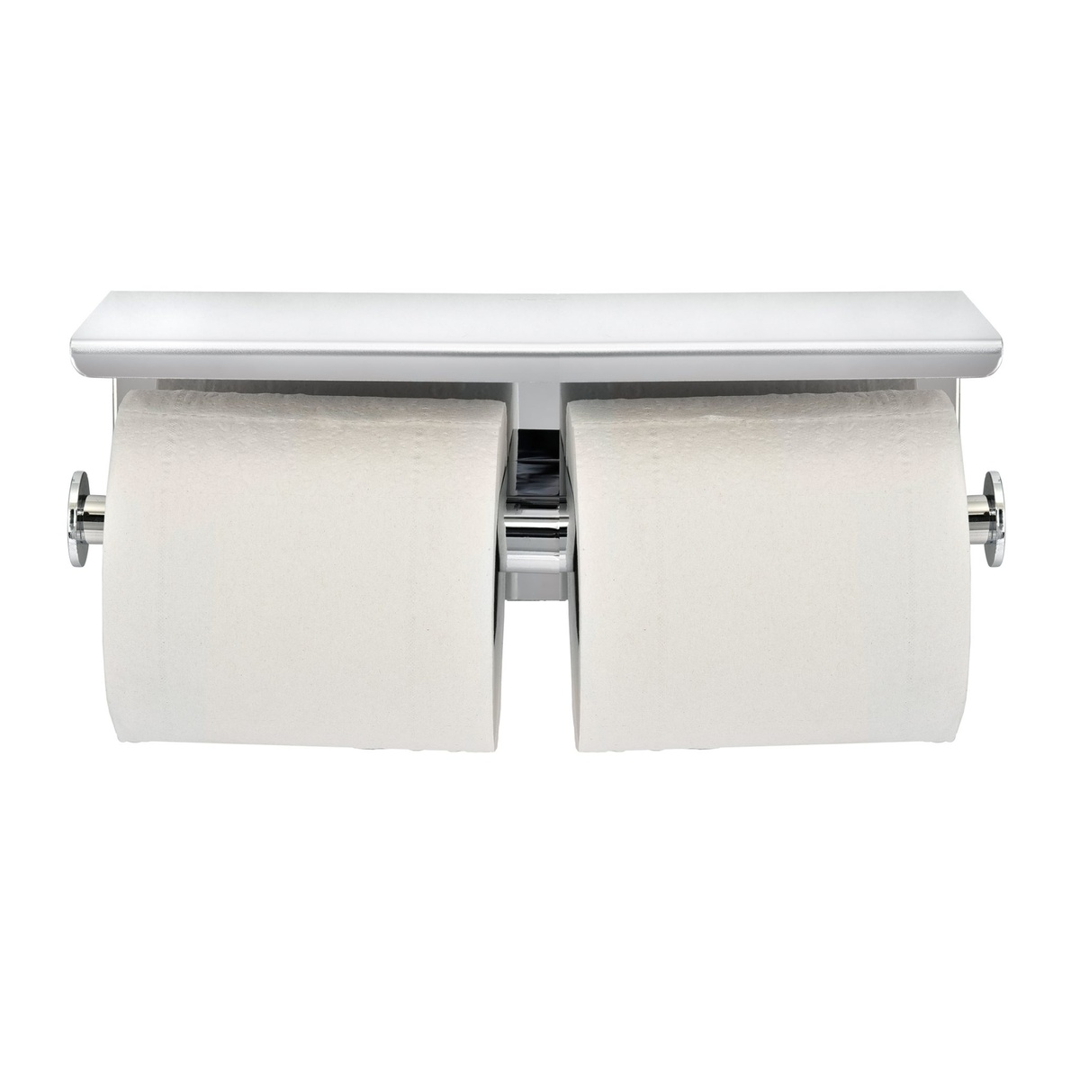 Alpine Industries double toilet paper holder front-facing view with two toilet paper rolls fully loaded and shelf visible above