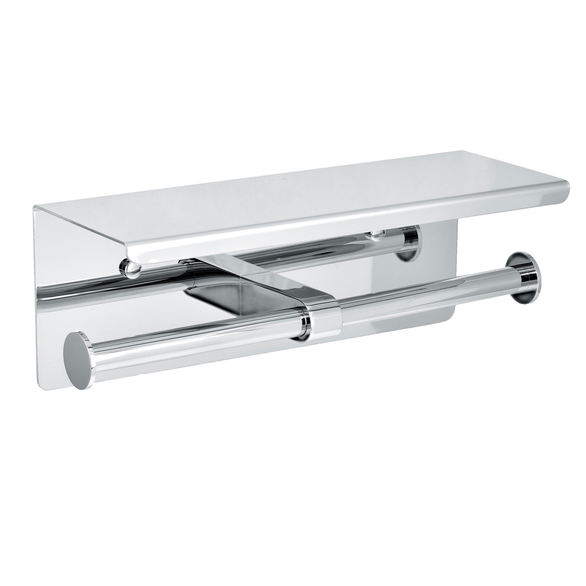 Alpine Industries double toilet paper holder with shelf, angled view showing overall form and integrated storage shelf