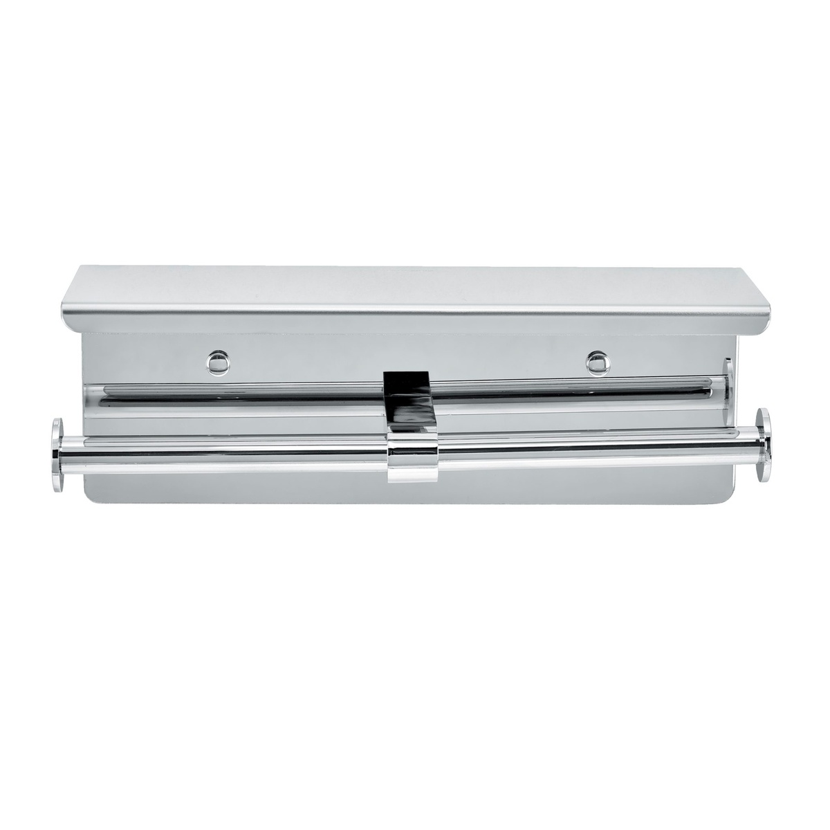Alpine Industries double toilet paper holder front view showing dual stainless steel arms and center bracket without rolls loaded