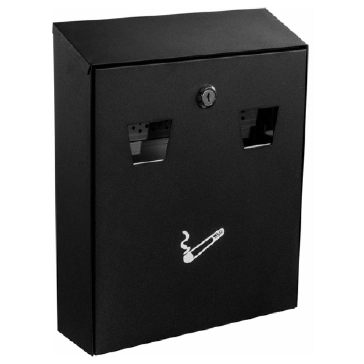Alpine Industries ALP490-01-BLK black steel all-in-one cigarette disposal station with dual-slot opening and cigarette icon on front
