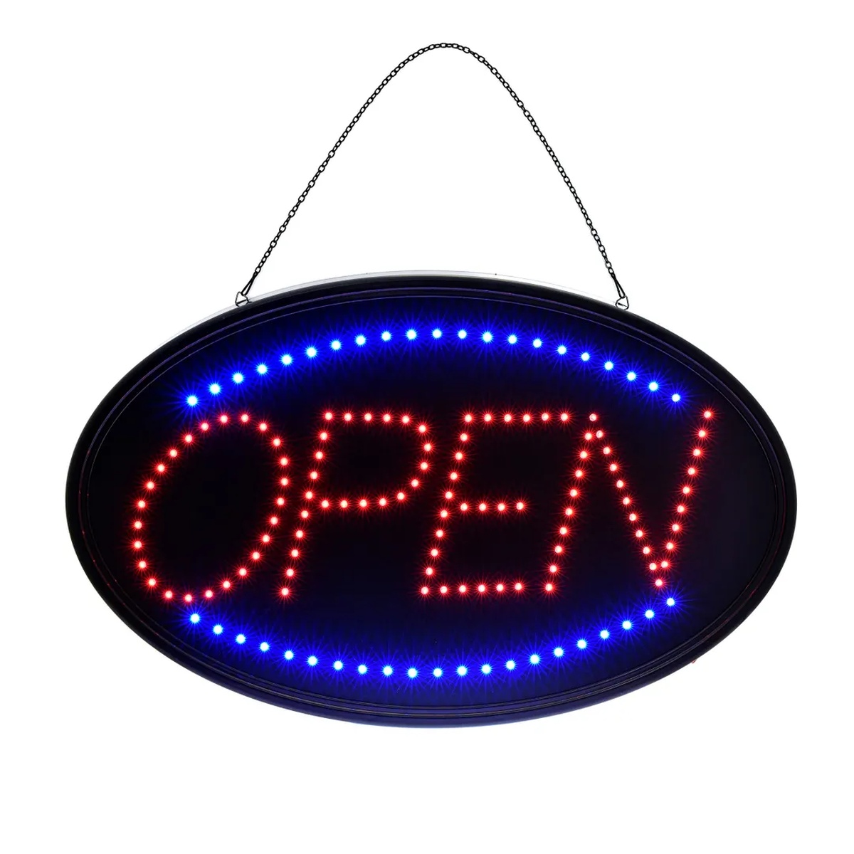 Alpine Industries ALP497-02 oval LED Open sign displayed with hanging chain mount, front view on white background