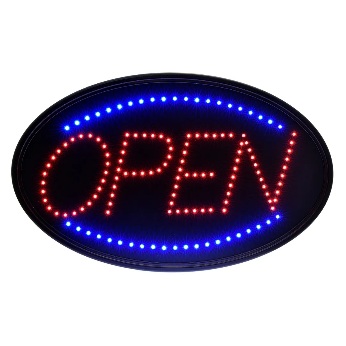 Alpine Industries ALP497-02 oval LED Open sign with red OPEN lettering and blue border LEDs on black background, angled view