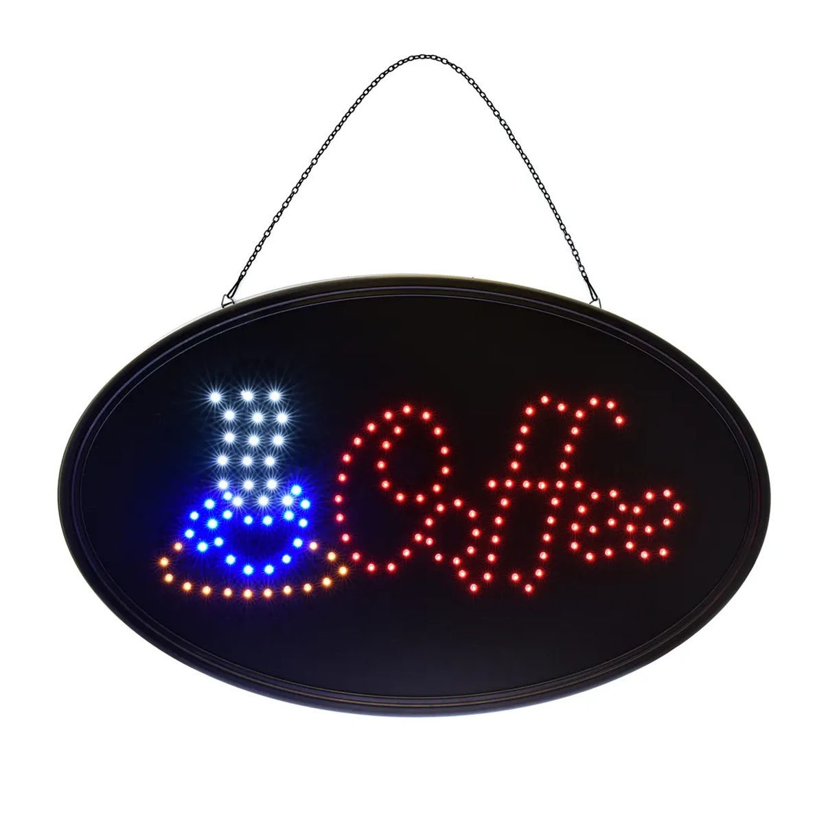 Alpine Industries ALP497-05 LED Coffee Sign displayed hanging from included black metal chain against white background