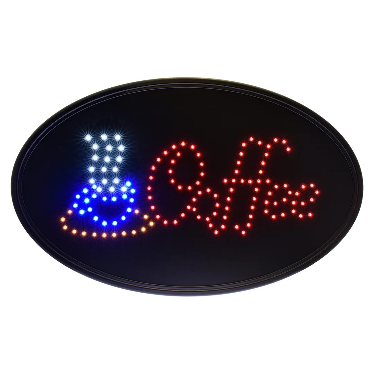 Alpine Industries ALP497-05 LED Coffee Sign illuminated, showing multicolor LED coffee cup and 'Coffee' text on black oval frame