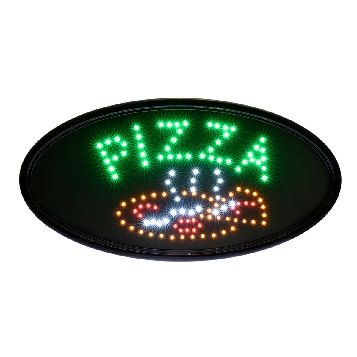 Alpine Industries ALP497-07 LED Pizza Sign lit up showing colorful pizza graphic, angled view