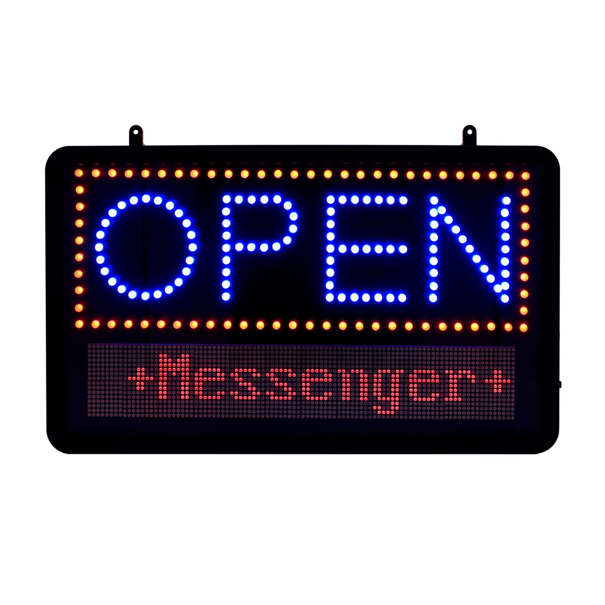 Alpine Industries ALP497-10 LED Open Sign front view showing blue OPEN letters and red programmable message ticker below