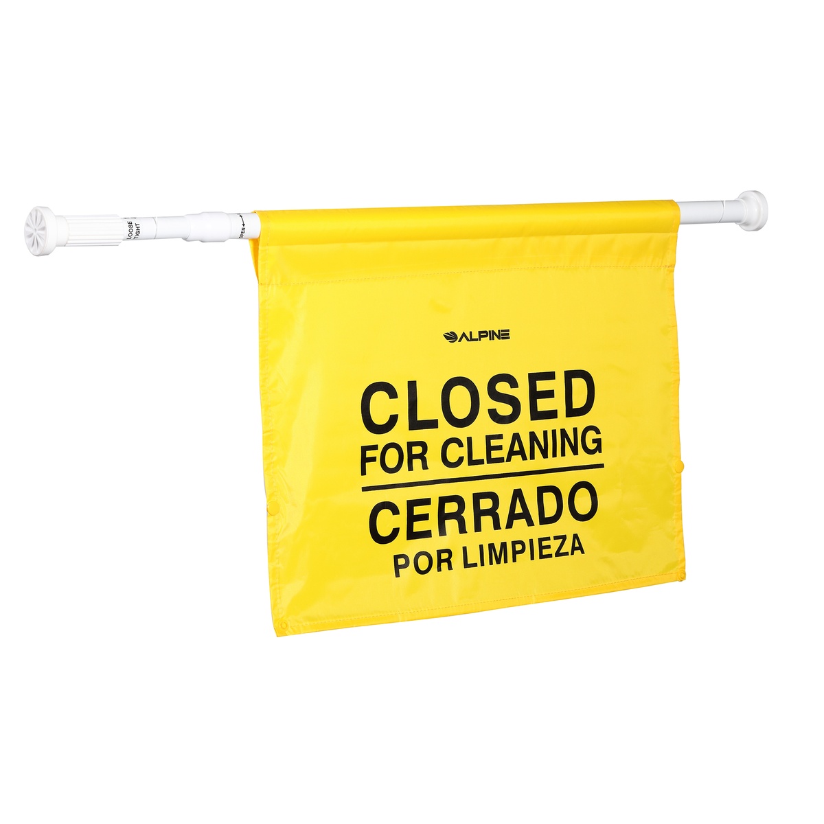 Alpine Industries yellow Closed for Cleaning bilingual hanging sign mounted on adjustable telescoping pole, side angle view