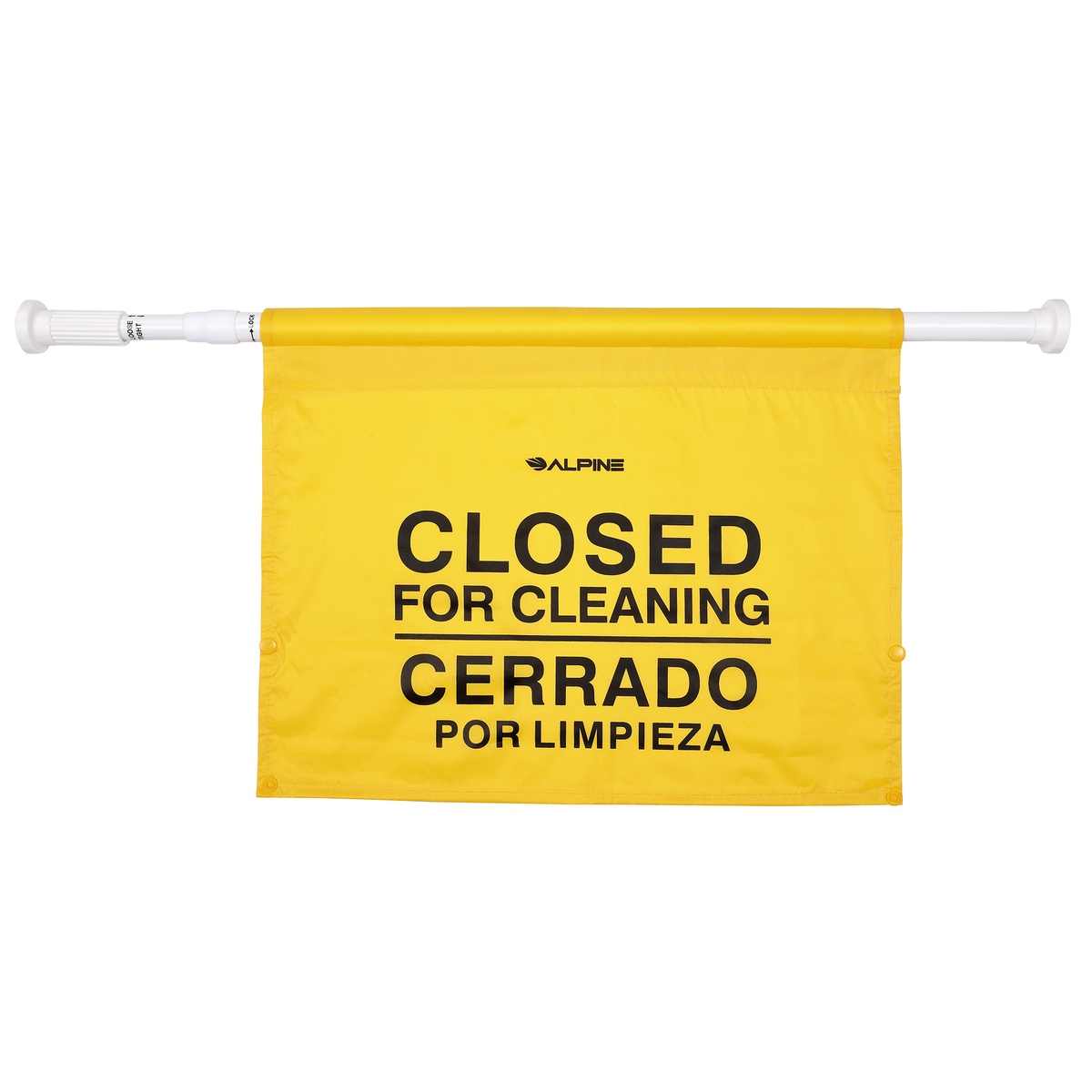 Alpine Industries yellow Closed for Cleaning bilingual hanging sign with white expandable pole, front view