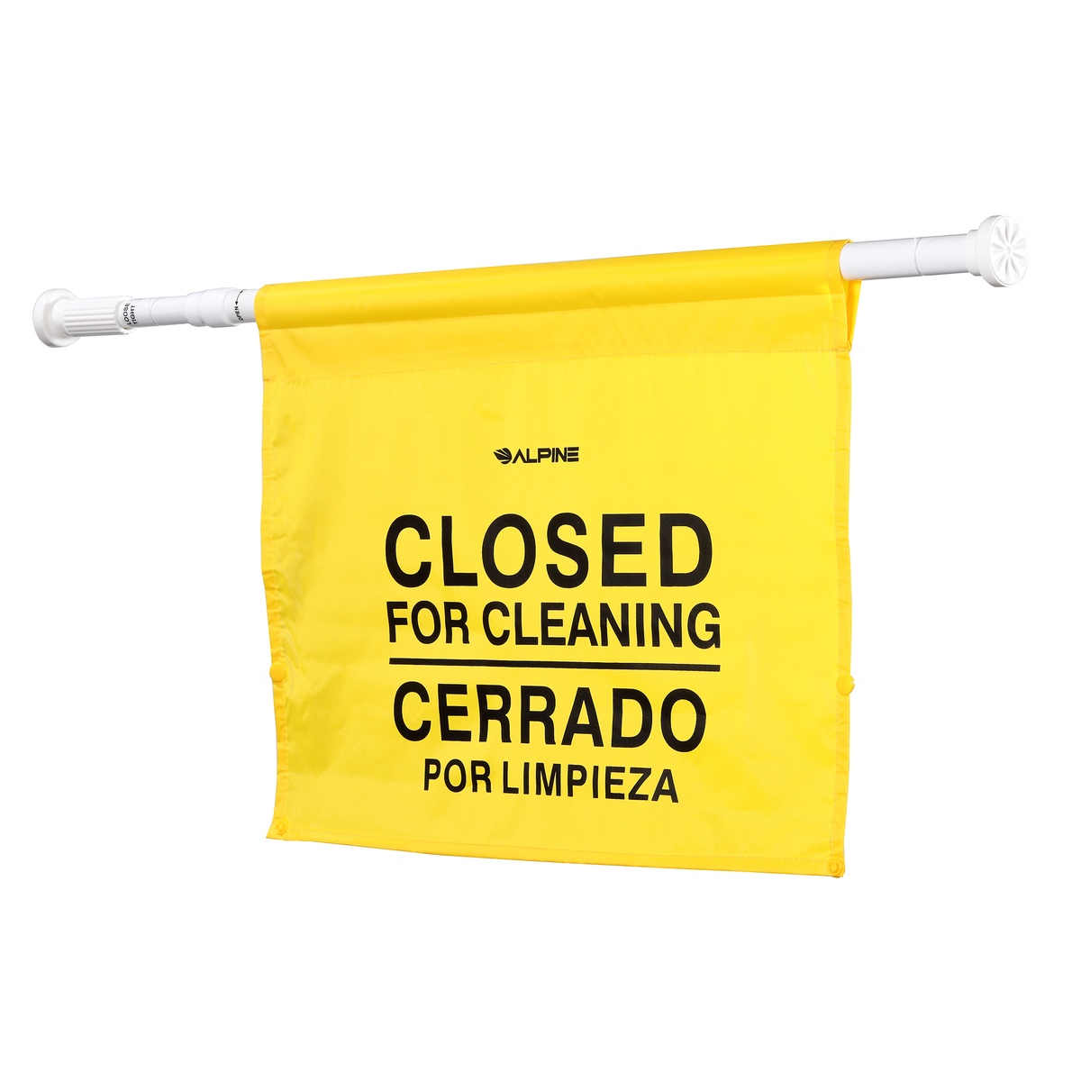 Alpine Industries safety hanging sign shown at an angle, displaying bilingual Closed for Cleaning text on yellow fabric with white pole