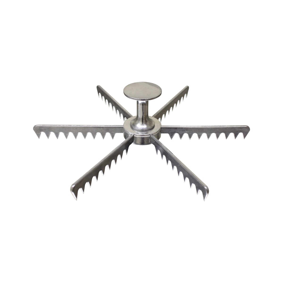 Thunder Group ALPMA006 6-cut aluminum pie marker overhead view showing six serrated arms and center handle